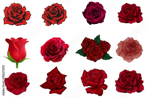 Set of red roses hand drawn color set. Black line rose flowers inflorescence silhouettes isolated on white background. Icon roses collection. Vector doodle illustration, flower vector icons set.