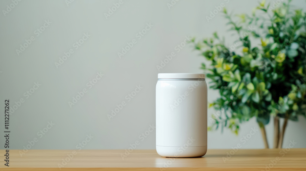 Modern white calming diffuser on light wood table promoting relaxation