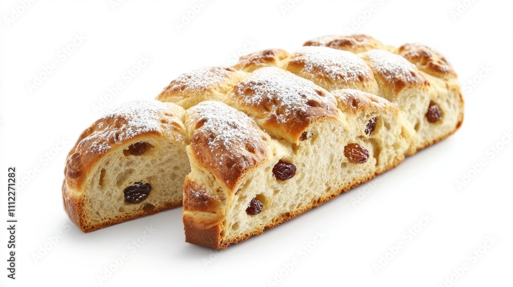 Freshly Baked Sweet Bread with Raisins and Powdered Sugar on White Background, Ideal for Culinary, Baking, and Dessert Photography Needs Freshly Baked Sweet Bread with Raisins and Powdered Sugar on White Background, Ideal for Culinary, Baking, and Dessert Photography Needs