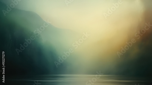 Misty morning landscape with serene lake and forest, tranquil nature scene