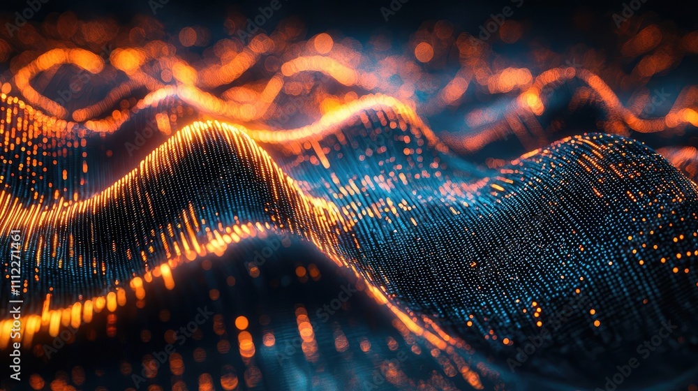 Abstract wave of glowing particles in vibrant colors on a dark background. Abstract wave of glowing particles in vibrant colors on a dark background.