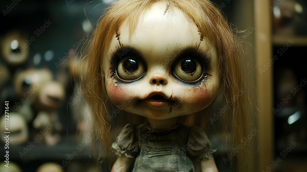 Creepy Doll: Disturbing Handmade Figure with Stitches, Large Eyes, and Weathered Skin, Evoking Unease. Creepy Doll: Disturbing Handmade Figure with Stitches, Large Eyes, and Weathered Skin, Evoking Unease.
