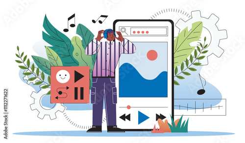 Man listening to audio guide. Young guy wearing headphones near huge smartphone. Remote education and training, learning. Flat vector illustration