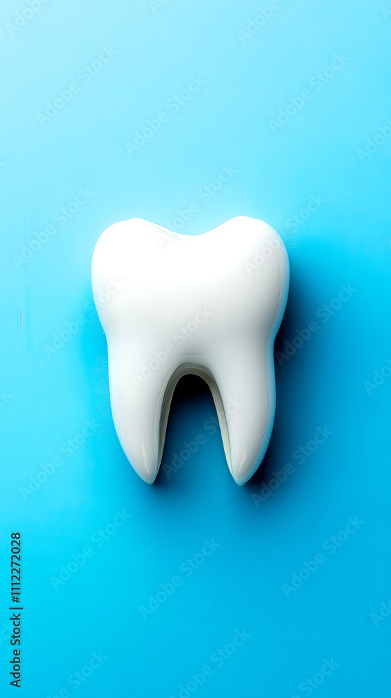 A glossy, white tooth model rests on a bright blue background, symbolizing dental health and hygiene. A glossy, white tooth model rests on a bright blue background, symbolizing dental health and hygiene.
