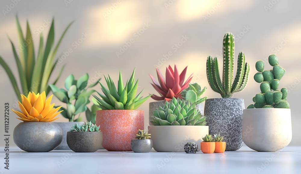 3D rendering of various succulents in different pots, isolated on a white background. All focus, brightness, daylight, bright room lighting, 3D rendering of various succulents in different pots, isolated on a white background. All focus, brightness, daylight, bright room lighting,