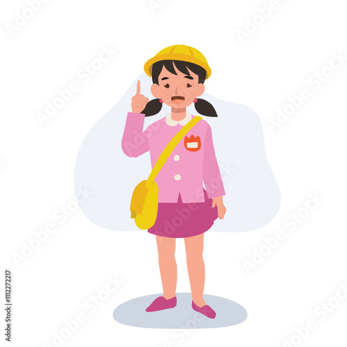 smiling preschool in kindergarten uniform giving helpful advice