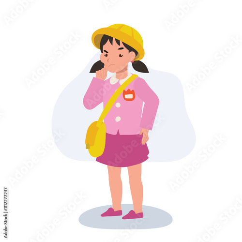 kindergarten girl in school uniform thinking seriously  focused on studying and learning