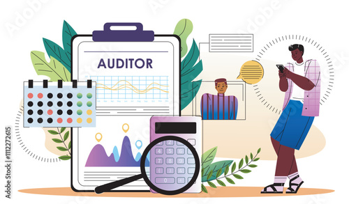 Financial auditor concept. Man with magnifying glass evaluates charts. Financial literacy, assessment of income and expenses. Flat vector illustration