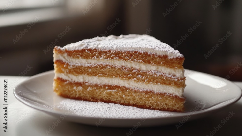 Delicate Slice of Layered Cake with Powdered Sugar on Top, Close-Up Shot Showcasing Creamy Layers and Soft Texture, Perfect for Dessert Lovers and Culinary Enthusiasts Delicate Slice of Layered Cake with Powdered Sugar on Top, Close-Up Shot Showcasing Creamy Layers and Soft Texture, Perfect for Dessert Lovers and Culinary Enthusiasts