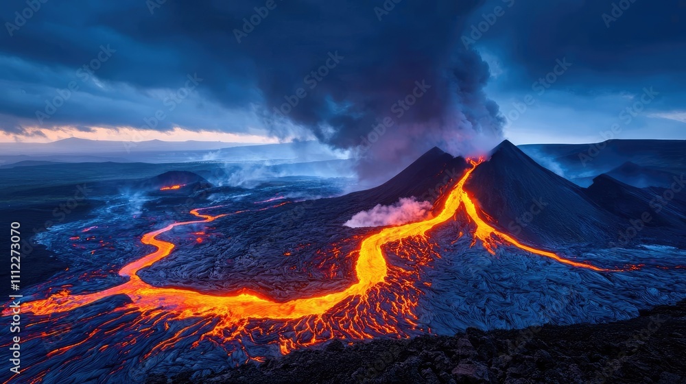 Volcanic eruption with flowing lava and dark clouds, dramatic natural phenomenon. Volcanic eruption with flowing lava and dark clouds, dramatic natural phenomenon.