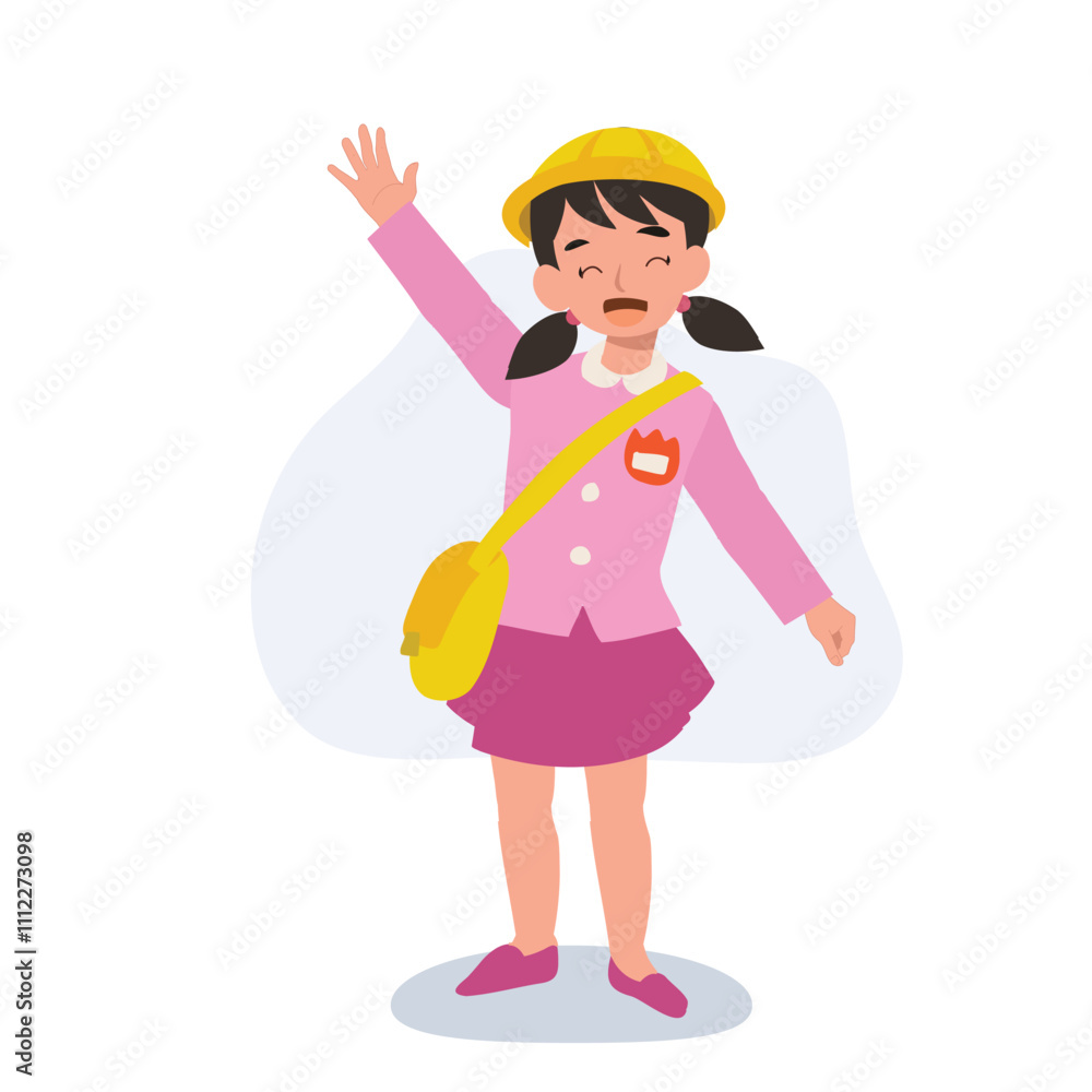 Cheerful Preschool Girl in Traditional Japanese Uniform Showing Goodbye Gesture Cheerful Preschool Girl in Traditional Japanese Uniform Showing Goodbye Gesture