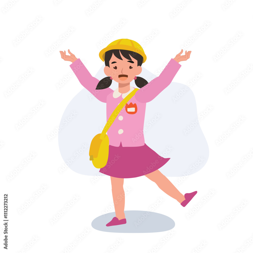 Adorable preschooler in traditional Japanese kindergarten attire expressing happiness with wide open arms. Adorable preschooler in traditional Japanese kindergarten attire expressing happiness with wide open arms.