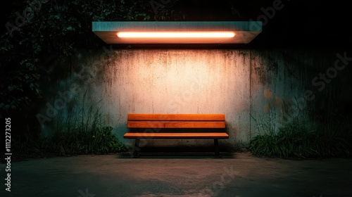 An isolated wooden park bench sits silently under a glowing overhead light in an urban cityscape, inviting solitude and reflection amidst the hustle and bustle. photo