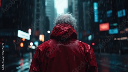 An individual in a red coat stands resilient in the bustling rain-soaked city, embodying determination and solitude, in a captivating urban scene.