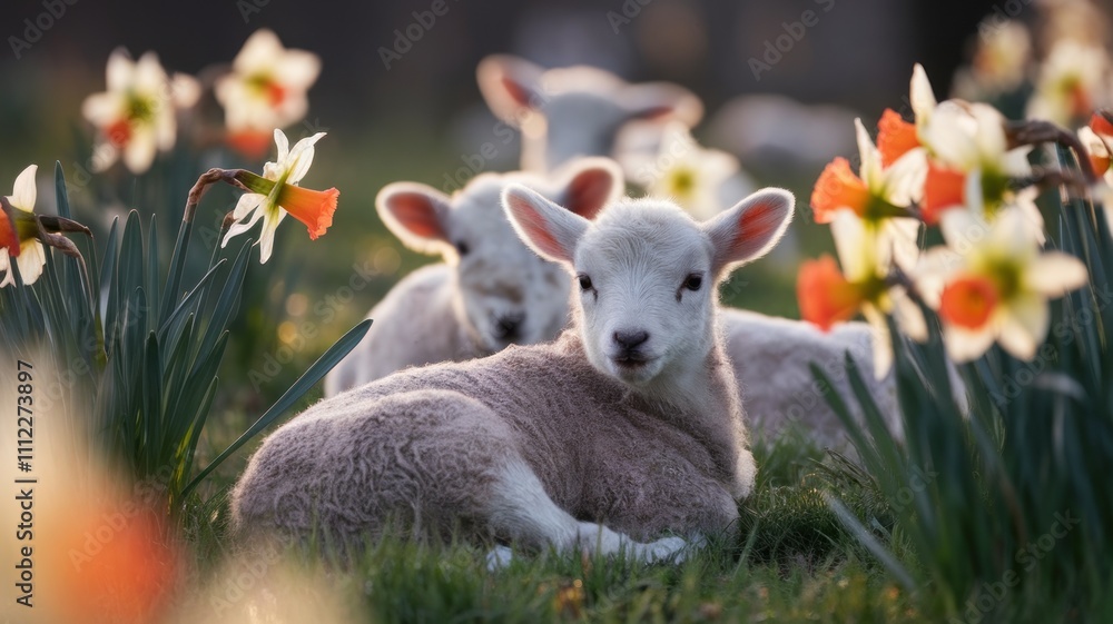 Obraz premium Spring lamb among yellow daffodils