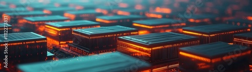 A close-up view of intricate computer chips illuminated with orange and blue lighting, showcasing advanced technology and digital circuitry. photo