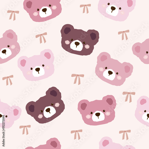 cute bear heads and striped bows  seamless pattern , vector illustration