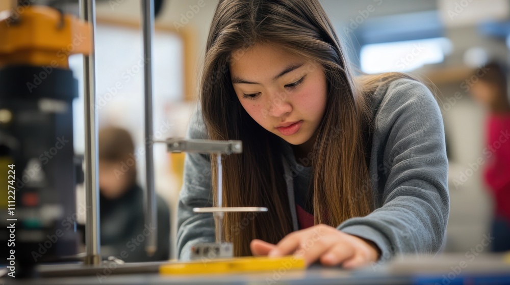 Fototapeta premium Young Female Student Engaged in Scientific Experimentation in a Classroom Setting, Focused on Precision Measurement with Laboratory Equipment
