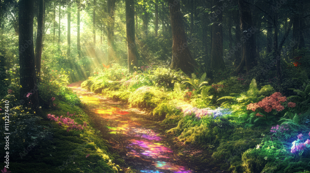 Fototapeta premium A serene forest path surrounded by vibrant green moss and ferns, with sunlight creating rainbow-like reflections among scattered flowers