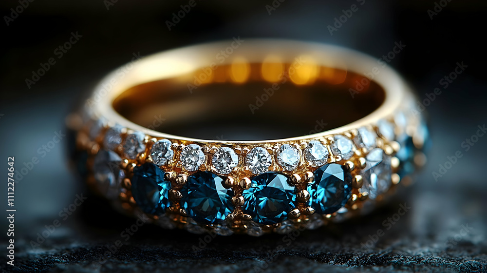 Gold Ring: Blue & White Gemstones Sparkle Brightly Gold Ring: Blue & White Gemstones Sparkle Brightly