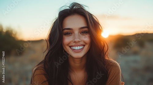 A beautiful woman with a radiant smile is captured in warm sunset light, exuding natural beauty and joy in a serene outdoor setting. photo