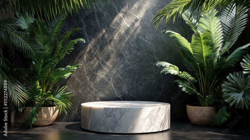 A serene indoor space featuring a round marble pedestal surrounded by lush green plants, illuminated by soft sunlight. A serene indoor space featuring a round marble pedestal surrounded by lush green plants, illuminated by soft sunlight.