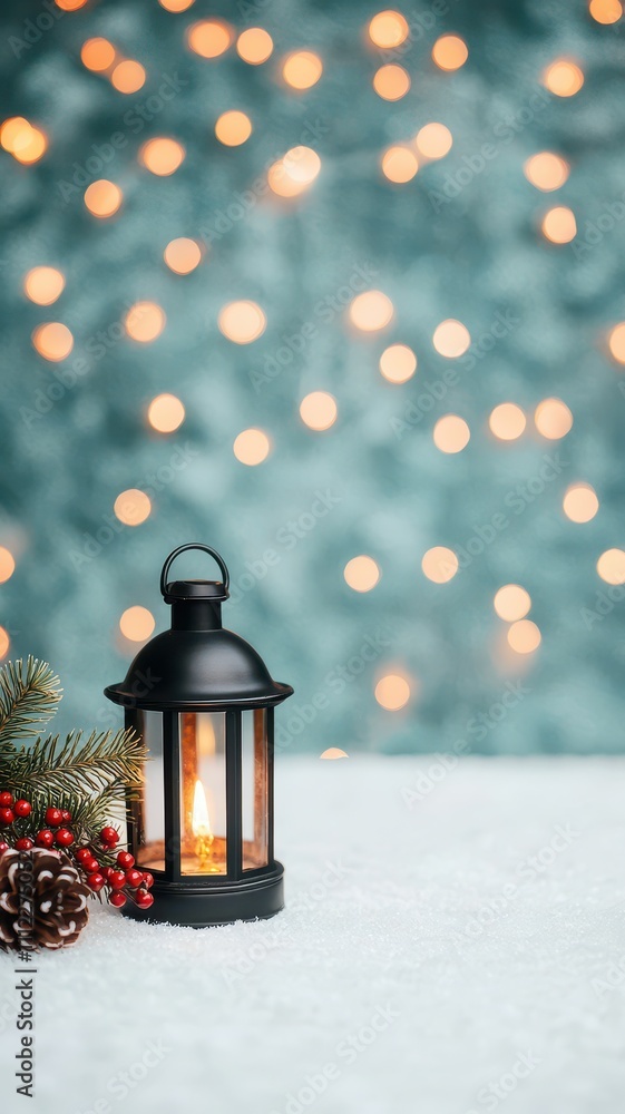 A cozy lantern emits warm light, surrounded by festive decorations and a soft bokeh background, perfect for holiday settings. A cozy lantern emits warm light, surrounded by festive decorations and a soft bokeh background, perfect for holiday settings.
