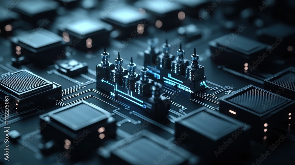 A close-up view of a circuit board featuring intricate chips and components, showcasing a technological design with a dark, modern aesthetic. A close-up view of a circuit board featuring intricate chips and components, showcasing a technological design with a dark, modern aesthetic.