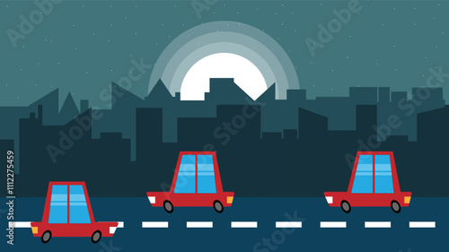 Cars Driving on a Highway in Industrial City Flat Style. Life in a busy town and traffic concept vector art