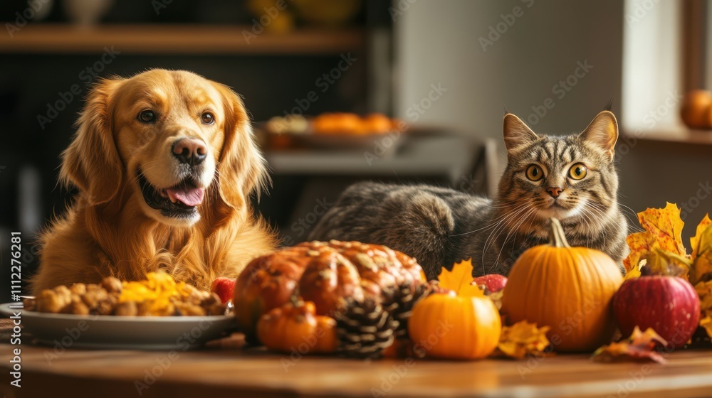 Thanksgiving dinner table featuring a dog and cat enjoying a pet-friendly feast with autumn decorations Thanksgiving dinner table featuring a dog and cat enjoying a pet-friendly feast with autumn decorations