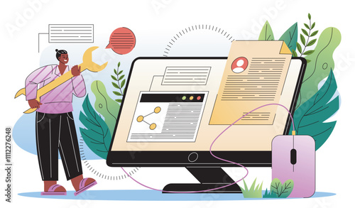 Back end development. Man with huge wrench stands near computer screen. IT specialist and programmer writes computer code for website. Flat vector illustration