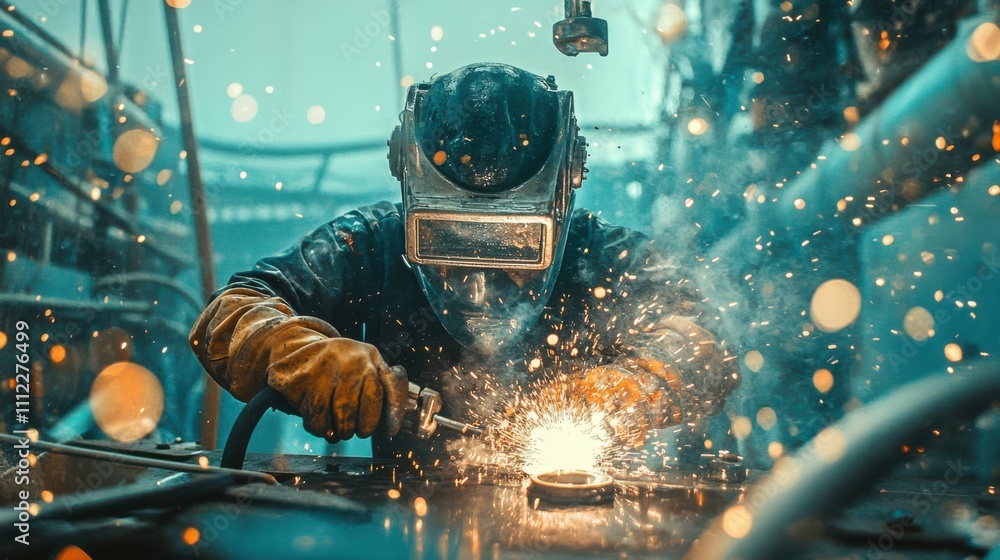 Underwater welder in a busy industrial environment during work Underwater welder in a busy industrial environment during work