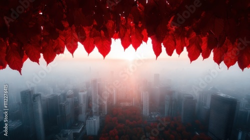 A foggy cityscape is viewed through a canopy of vivid red leaves, highlighting the peaceful dawn ambiance above a bustling urban environment. photo