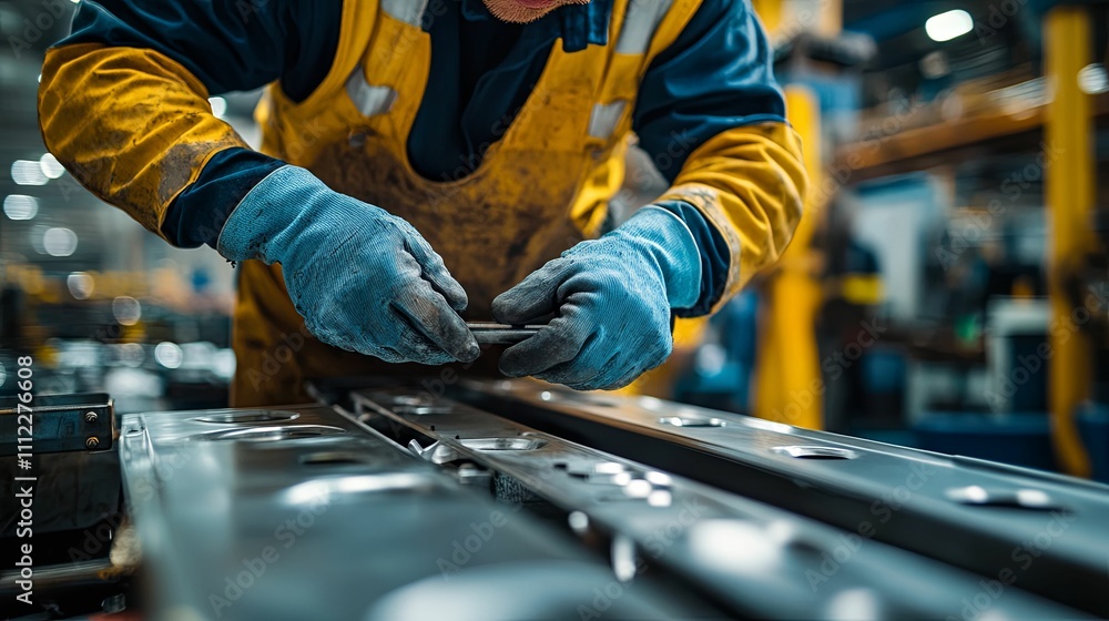 Factory Worker Assembling Metal Components Carefully Factory Worker Assembling Metal Components Carefully