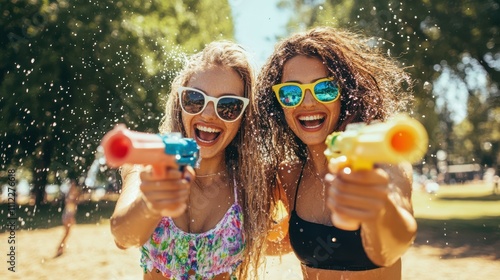 Fototapeta Naklejka Na Ścianę i Meble -  Young female friends enjoying summer fun with water guns in a park