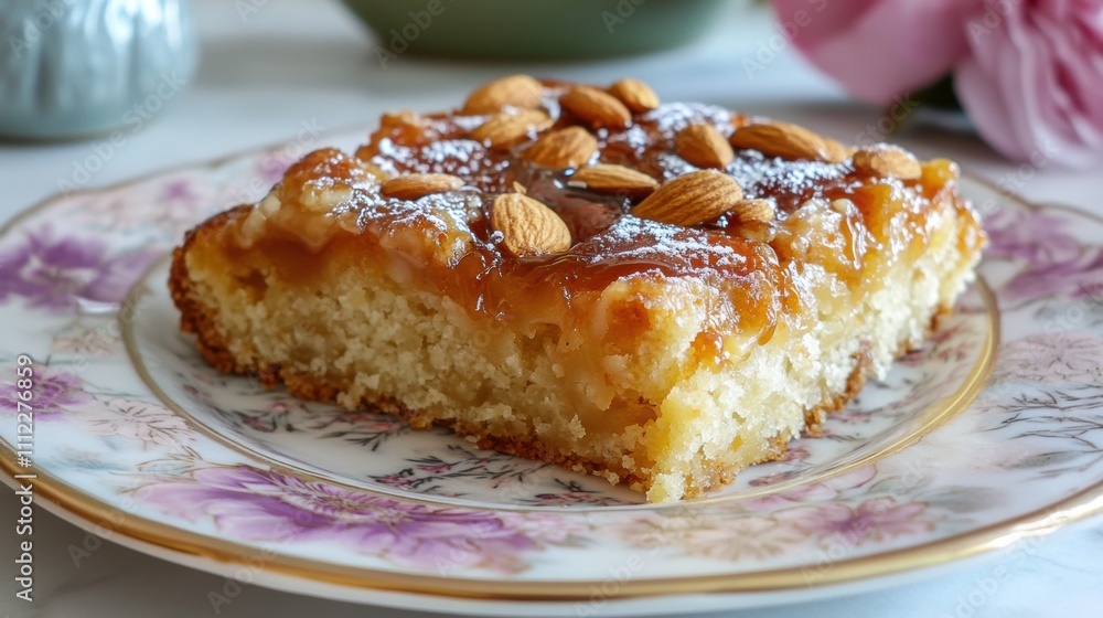 Delicious Slice of Almond Cake with Glazing Topping Served on Elegant Floral Plate Surrounded by Soft Pastel Decor Elements and Fresh Flowers Delicious Slice of Almond Cake with Glazing Topping Served on Elegant Floral Plate Surrounded by Soft Pastel Decor Elements and Fresh Flowers