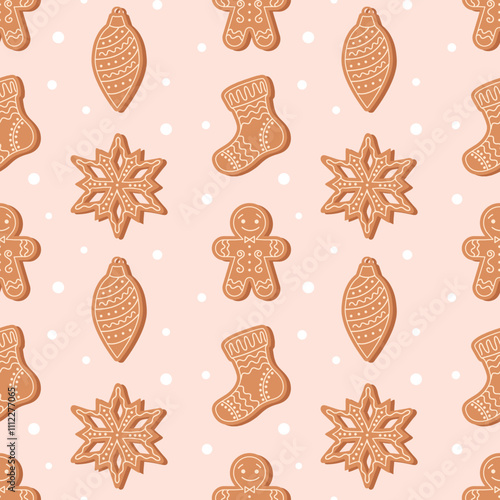 Seamless Christmas pattern with different cute gingerbread cookies. Christmas and New Year background. Holiday design