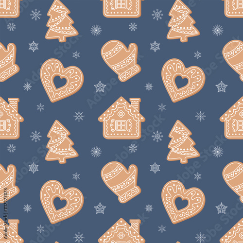 Seamless Christmas pattern with different cute gingerbread cookies. Christmas and New Year background. Holiday design