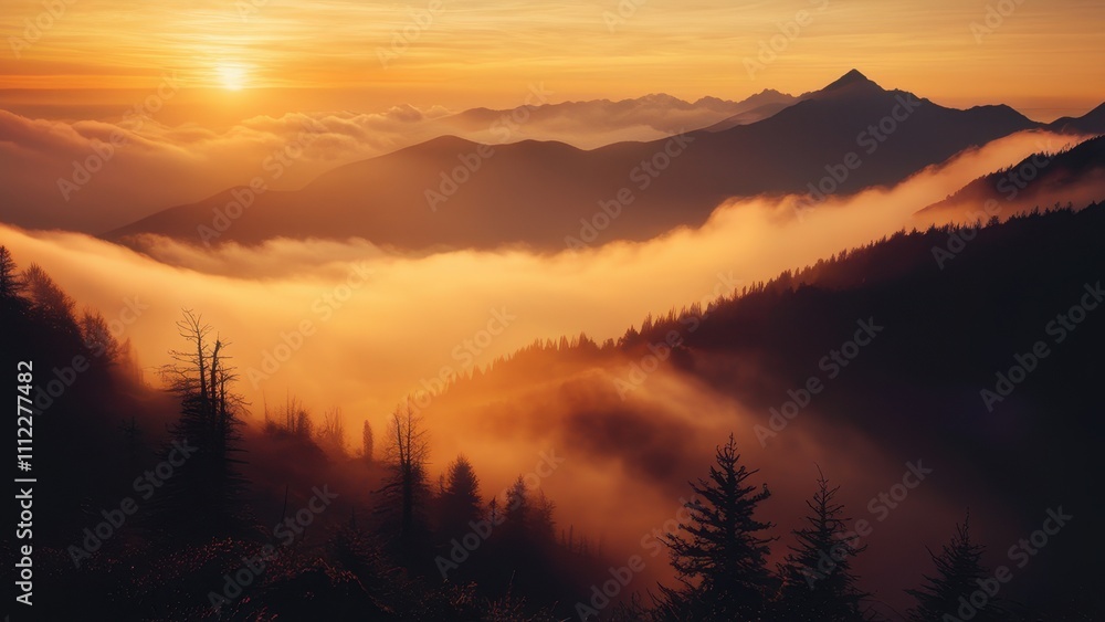 A serene sunrise scene with a mountain range shrouded in mist and fog filling the valley below A serene sunrise scene with a mountain range shrouded in mist and fog filling the valley below