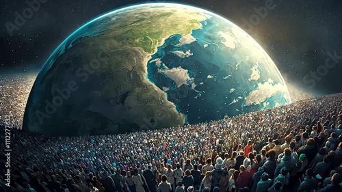 Planet Earth surrounded by an immense, dense crowd of people symbolizing overpopulation and human impact on the world. A powerful visual of global population growth