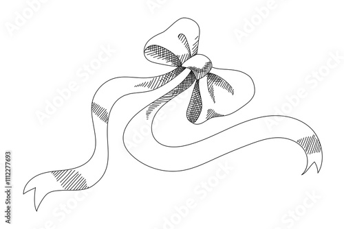 Beautiful bow with long ribbons. Ribbon bow, gift ribbon isolated. Cartoon style. Vector illustration, doodle hand drawn. Black and white, contour line.