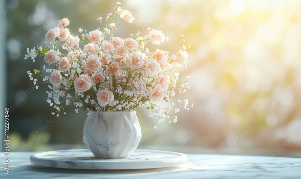 beautiful table top shot image of wedding flower arrangement featuring delicate pink roses and white filler flowers in marble vase, creating serene atmosphere beautiful table top shot image of wedding flower arrangement featuring delicate pink roses and white filler flowers in marble vase, creating serene atmosphere