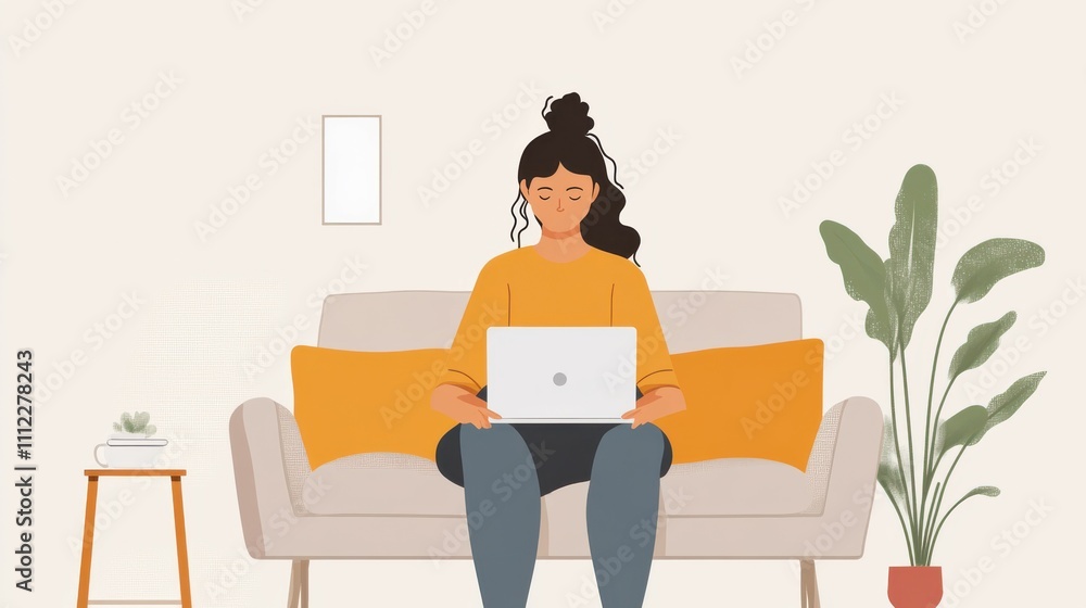 Woman suffering from back pain while working on laptop at home on sofa Woman suffering from back pain while working on laptop at home on sofa
