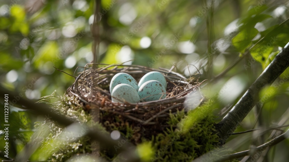 Bird's nest with blue eggs nestled Bird's nest with blue eggs nestled