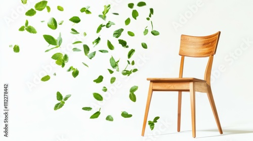 Wooden chair isolated on white background\Flying mint leaves