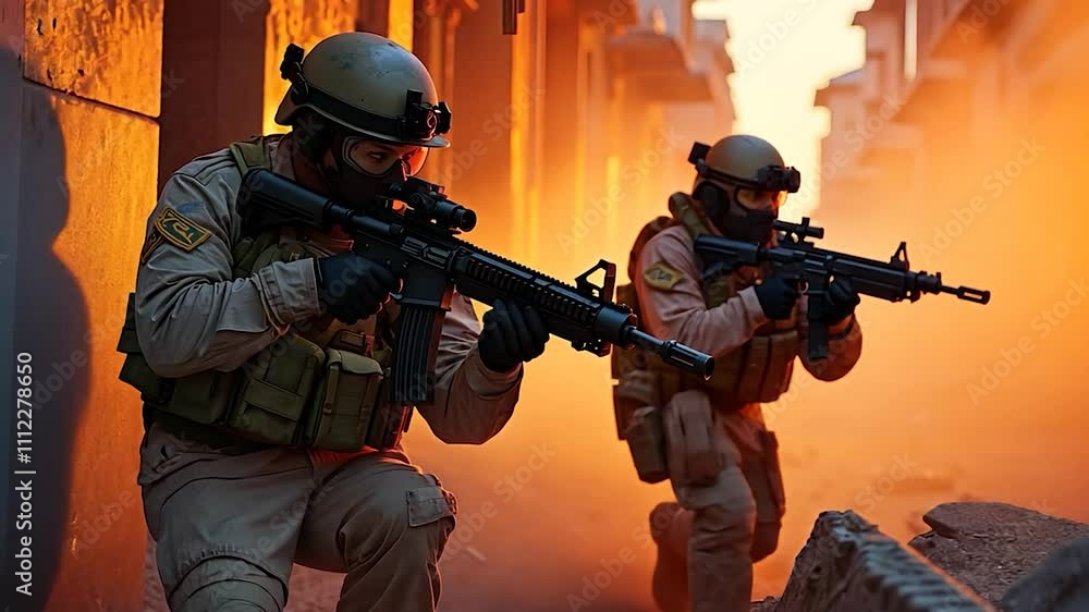 Two Soldiers in Tactical Gear Moving Through Urban Combat Environment
