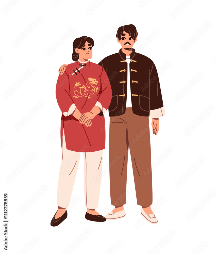 Asians romantic couple cuddles, stands together. Happy woman and man of Chinese nationality wearing traditional clothes. People in ethnic costumes of China. Flat isolated vector illustration on white Asians romantic couple cuddles, stands together. Happy woman and man of Chinese nationality wearing traditional clothes. People in ethnic costumes of China. Flat isolated vector illustration on white