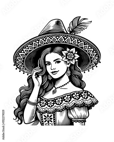 Mexican woman traditional dress wearing sombrero engraving black and white outline