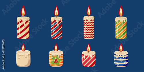 Set of decorative Christmas and New Year wax candles with colorful pattern on a blue background. Flat vector illustration candle with flames. Winter holiday concept for greeting card.