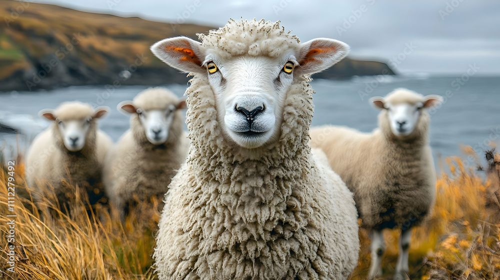 Coastal Sheep: Fluffy Fleece, Ocean View, Serene Herd Grazing Calmly Coastal Sheep: Fluffy Fleece, Ocean View, Serene Herd Grazing Calmly